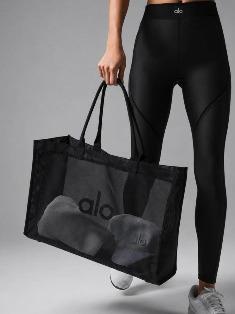 ALO Yoga Black Mesh Logo Tote - Gem